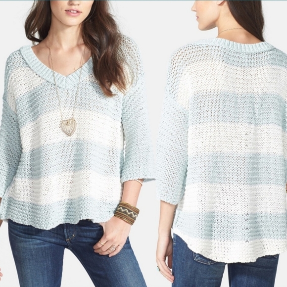 Free People Park Slope Mint & Ivory Striped Oversized Slouchy Hi-Low Sweater, XS - Picture 6 of 16